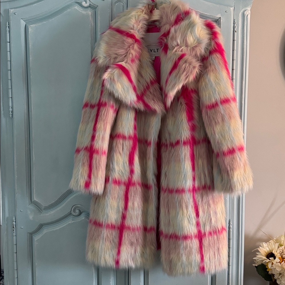 NVLT Vibrant Pink and Cream Faux Fur Coat